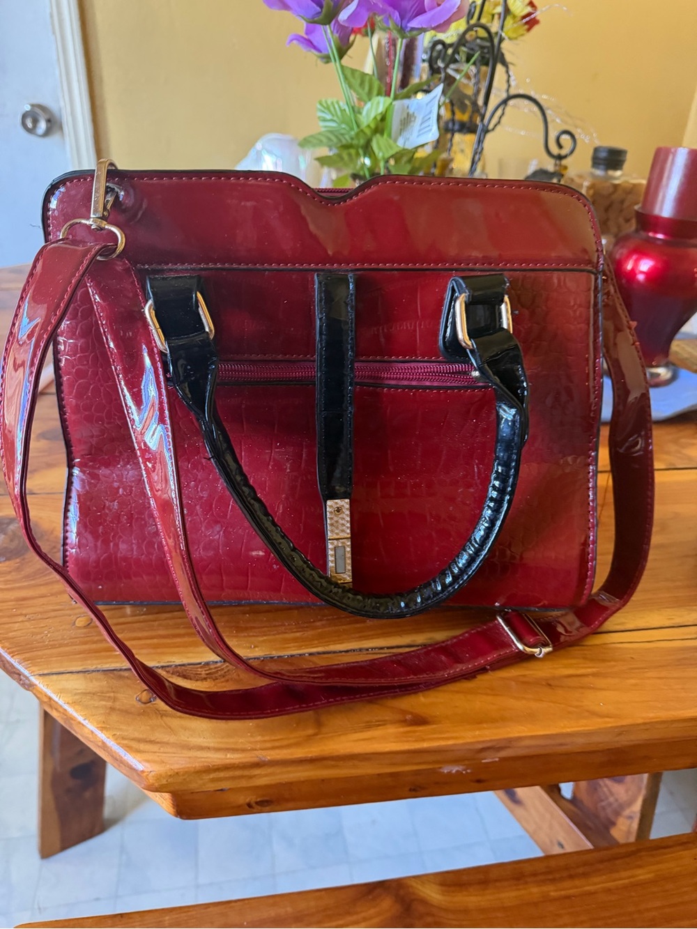 Patent Leather Red Satchel Handbag with Black Accents